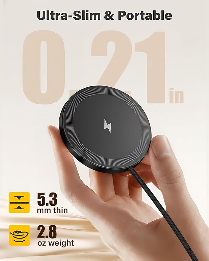 10FT Magnetic Wireless Charger Charging Pad - 15W Qi Fast Phone Charger Puck for Apple iPhone 17 16 15 14 13 12 Series & AirPods 4 3 2 Pro, Phone Charging Pad with Plug for Desk & Travel, 2Pack Black