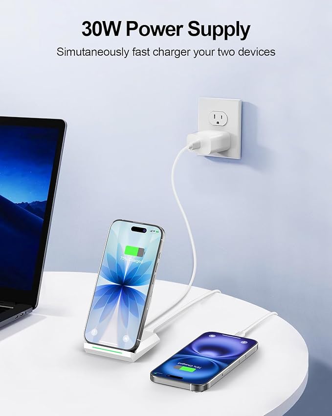Fast Wireless Charging Stand, Equipped with PD 30W Adapter, High Speed Universal Charger with Extra USB-A Port Compatible with iPhone 17/16/15/14/13/12/11, for Samsung Galaxy S26/S25/S24/S23/S22