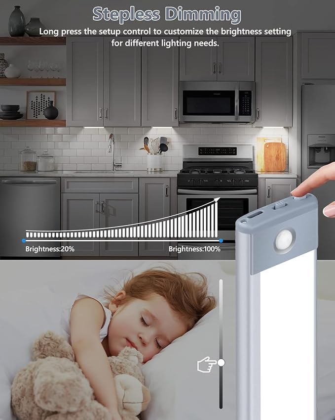 PRIORARE 35 LED Under Cabinet Lights, Wireless 3 Color Motion Sensor Light Indoor, Led Closet Light 1000mAh USB-C Rechargeable Stepless Dimmable Night Light, Under Counter Lighting 2 Packs