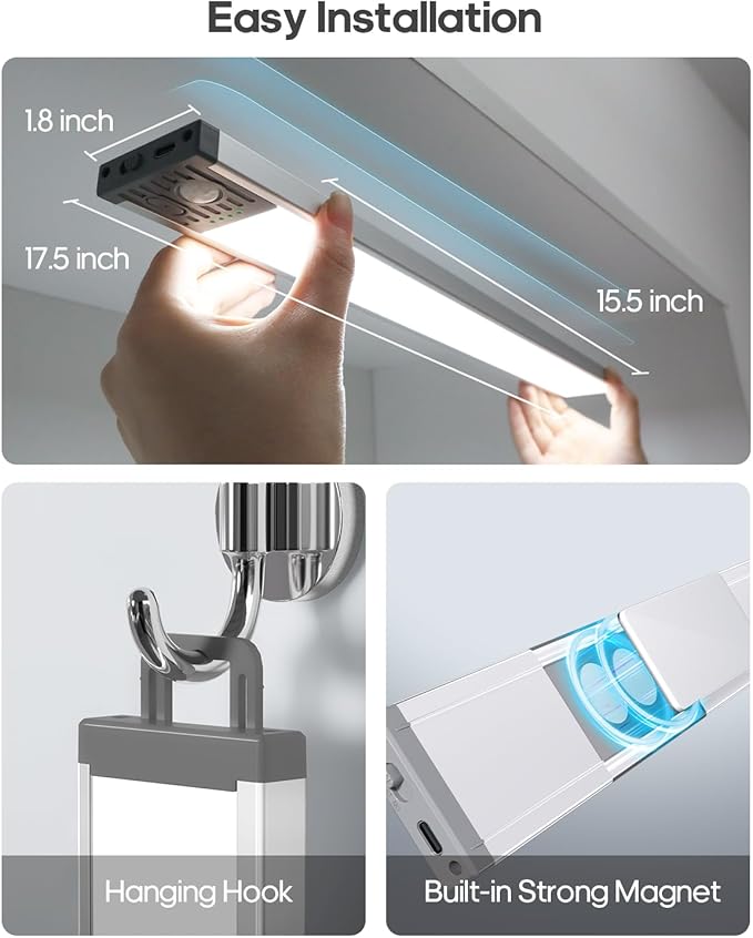 GOODEA 17.5Inch Under Cabinet Lighting, 4500mAh Rechargeable Battery Motion Sensor Light Indoor, Wireless Under Cabinet Lights for Kitchen, Closet(1 Pack,17.5 inch)