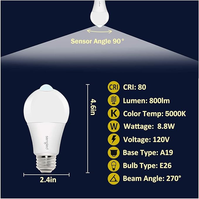 Sengled Motion Sensor Light Bulbs, A19 LED Dusk to Dawn Bulbs 5000K Daylight, Motion Activated Indoor Outdoor Light Bulbs 8.8W (60W Equivalent) 800 Lumens for Porch, Garage, Hallway, 6 Pack