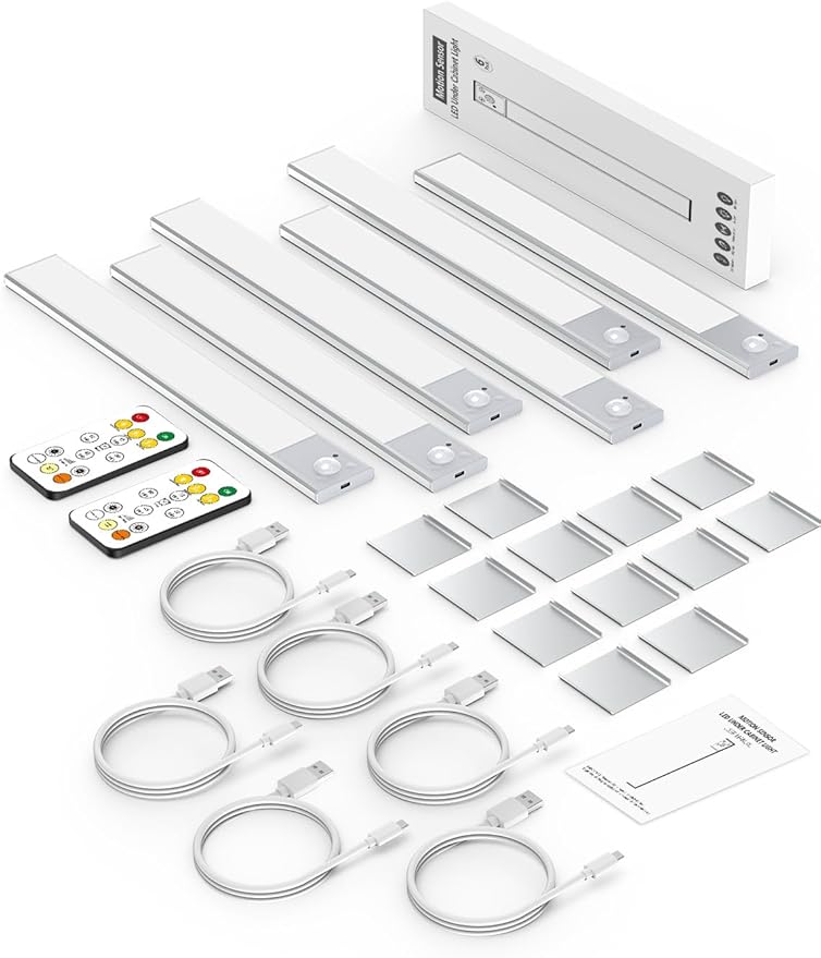 12" Ultra-Thin Under Cabinet Lighting Wireless, Aluminum Alloy Under Counter Lights for Kitchen, 3-Color-Temps Magnetic Closet Lights, Rechargeable Motion Sensor Light Indoor (6 Pack, Silver)