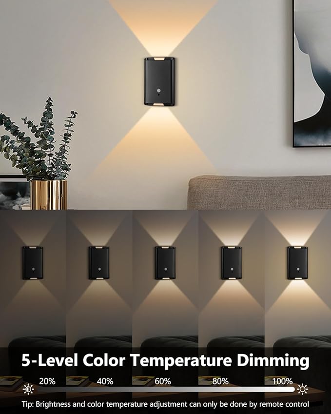 4 Pack Rechargeable Motion Sensor Wall Sconce – 5000mAh Wireless Battery Operated Wall Light Indoor, 3 Colors Up/Down Lighting Magnetic Night Light with Remote Control for Bedroom, Hallway (Black)