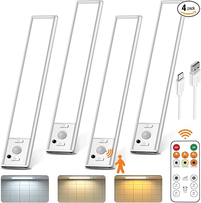 9" Under Cabinet Lighting Wireless, Motion Sensor Light Indoor with Remote, LED Rechargeable Closet Light, 3 Color Temps, Dimmable, Magnetic, Under Counter Lights for Kitchen, Stairs, Pantry