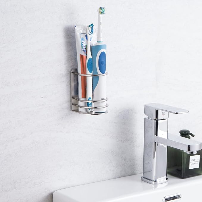 Toothbrush Holder Wall Mounted, Bathroom Storage Stand for Razor, Toothpaste - Self Adhesive, Stainless Steel, Silver