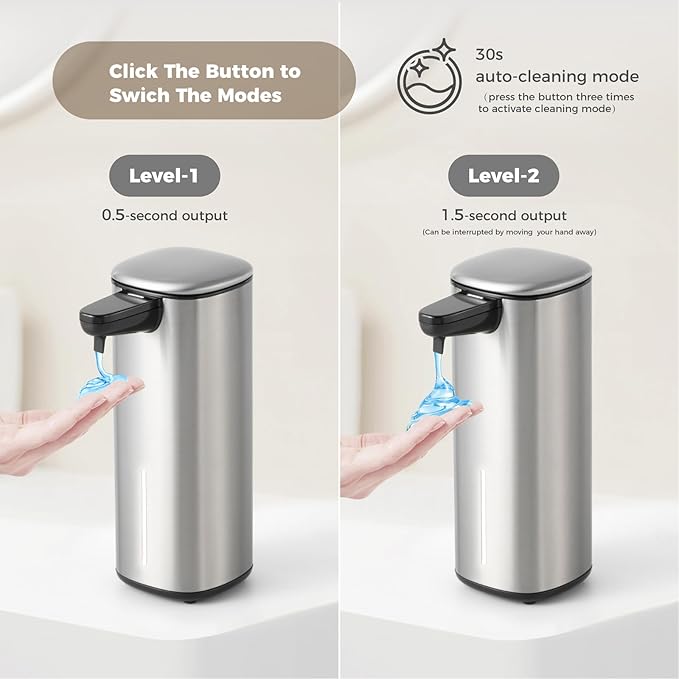 Sineng Automatic Soap Dispenser Touchless, 304 Stainless Steel Liquid Hand Soap Dispenser, 8.5oz/250ml 2 Adjustable Levels Water-Resistant and Rechargeable Kitchen Bathroom Soap Dispenser