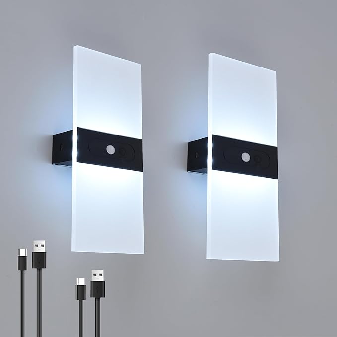 Wall Sconces 2Pack,2200mah Battery Operated Wireless Wall Lamp Rechargeable, Motion Sensor Dimmable Up and Down Stair Light with Button Switch for Bedroom Hallway
