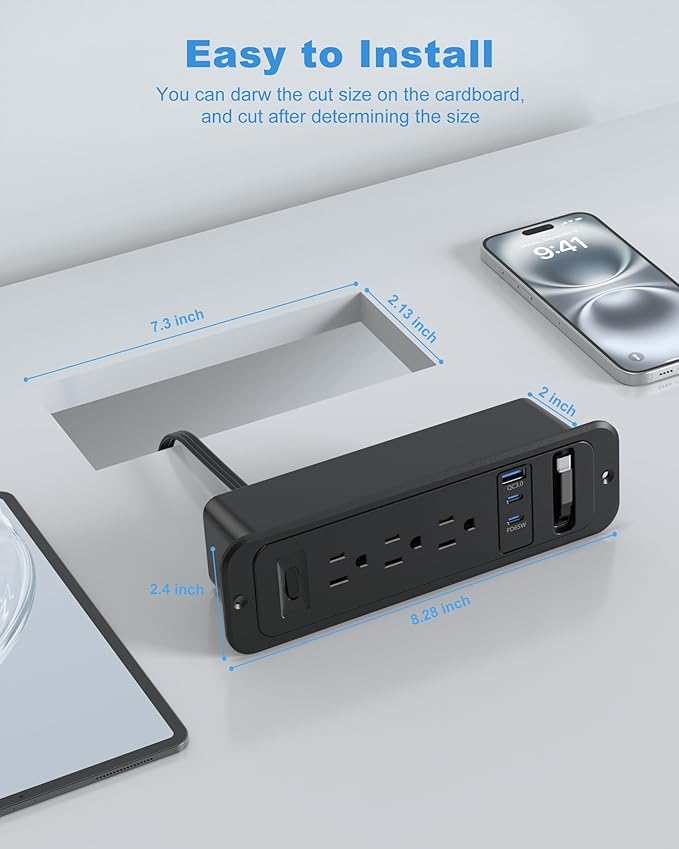 Recessed Power Strip with Retractable USB C Cable,2 PD 65W USB C Fast Charging,Flush Mount Countertop Drawer Outlet, Furniture Hidden Outlet for Side Table,End Table,3 Outlets (Black, 6FT-65W)