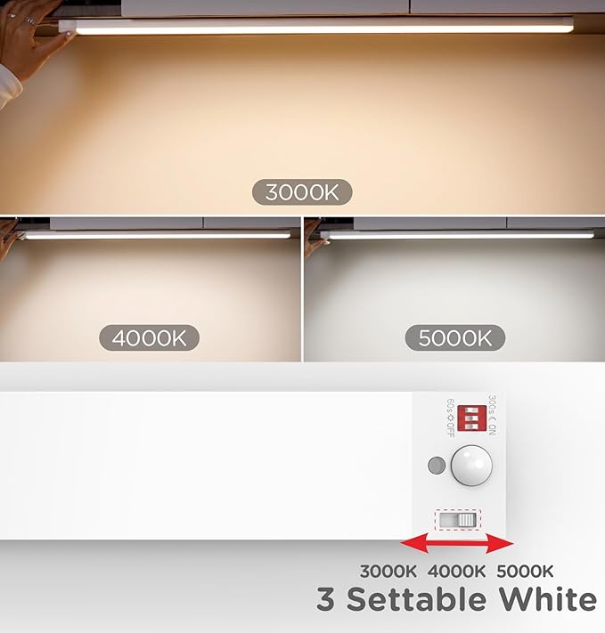 Leetdud Under Cabinet Lighting Plug in 12 Inch, 120V Motion Sensor Lights Indoor, 3CCT 3000/4000/5000K, Aluminum Linkable Super Bright LED Counter Light with Timer for Kitchen, Shelf, Closet, 1 Pack