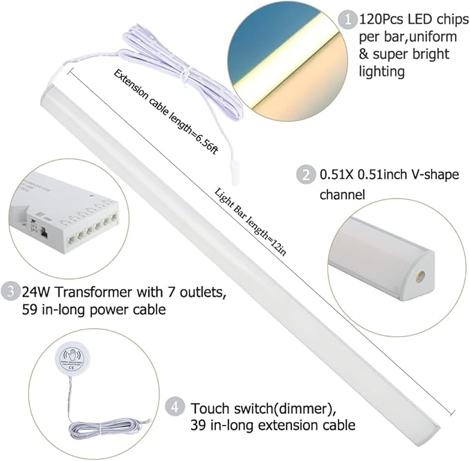 12" V-Shape Diffused LED Light Bars Kit,Aluminum Channel Lights with Touch Sensor for Under Cabinet,Gun Safe,Closet,Under Counter,Book Shelf,Display Showcase,3000K Warm White,6 Pack