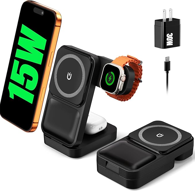 Travel Charging Station 3 in 1 for MagSafe, 15W Ultra Fast Magnetic Wireless Charger Stand for iPhone 17 16 15 Pro Max, Foldable Phone Charging Dock for Apple Watch/AirPods (with 30W Adapter)