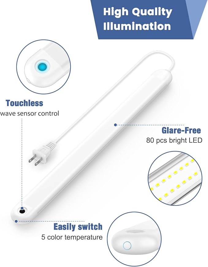 MYPLUS Under Cabinet Lights with Hand Wave Sensor, 5 Color Temps and Dimmable Plug in Light Strip for Indoor,Kitchen,Cabinet,Counter（2-Pack）