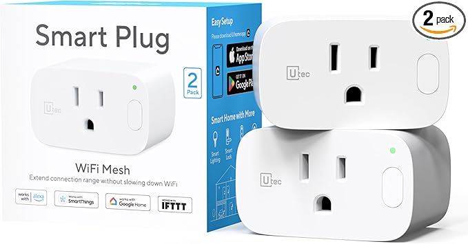 UTEC Smart Plug, Wi-Fi Mesh Outlet, 15A Ultra Efficient Smart Plug Compatible with Alexa, Google Home & IFTTT, No Hub Required, 2.4GHz Wi-Fi Only, Remote Control, ETL Certified, 2 Pack