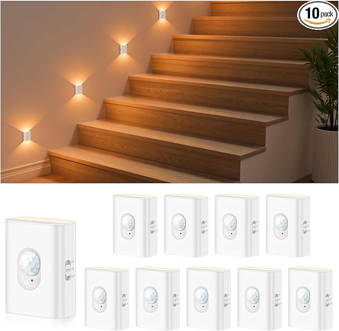WILLED Rechargeable Motion Sensor Night Lights for Stairs, 10 Pack Wireless Magnetic Stick-On Battery Lights for Hallway, Bedroom, Closet, Kitchen