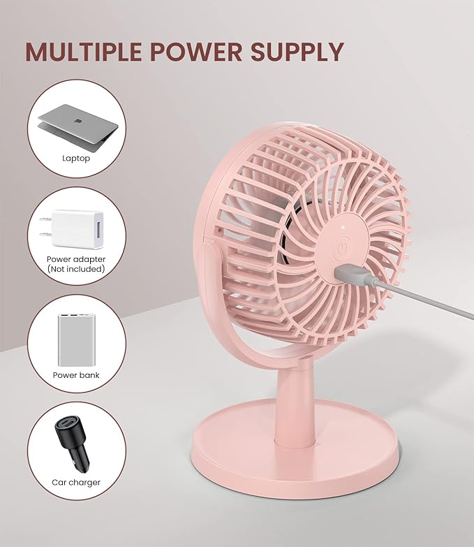Small Personal USB Powered Fan with 4 Speeds, Portable Desk Fans with 310° Rotation, Mini Powerful Table Fans, Ultra Quiet Air Cooling Fan for Office, Bedroom, Easy to Store, Strong, Compact-Pink