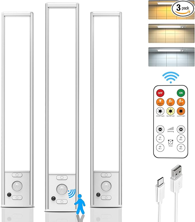 Under Cabinet Lights with Remote Control, USB Rechargeable Battery 180 Lumen Motion Sensor Indoor Light,3 Pack Wireless Under Counter Light,3 Color Dimmable Closet Lighting for Kitchen,Stairs,Wardrobe
