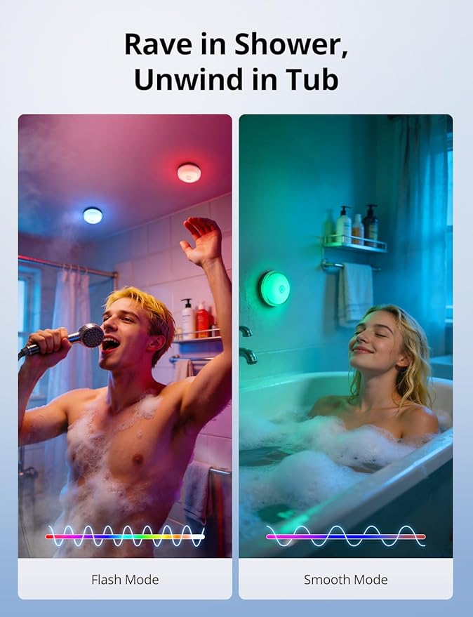 Combuh Rechargeable RGB Ambient Shower Light Waterproof Inside, 15 Color Changing Mood Lighting for Bathroom Bathtub IP65 Waterproof Cordless Battery Operated Stick on Lamp with Remote(Black 2 Pack)