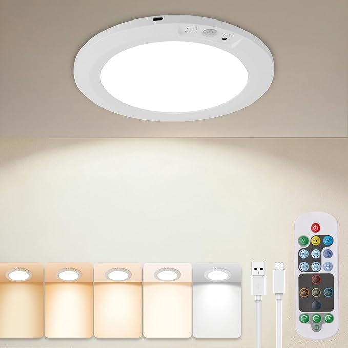 Rechargeable Motion Sensor Ceiling Light with Remote,Magnetic Wireless Ceiling Lights,8000mAh 7.5inch Battery Powered Light for Closet Shower Shed Loft Bathroom Garage cet