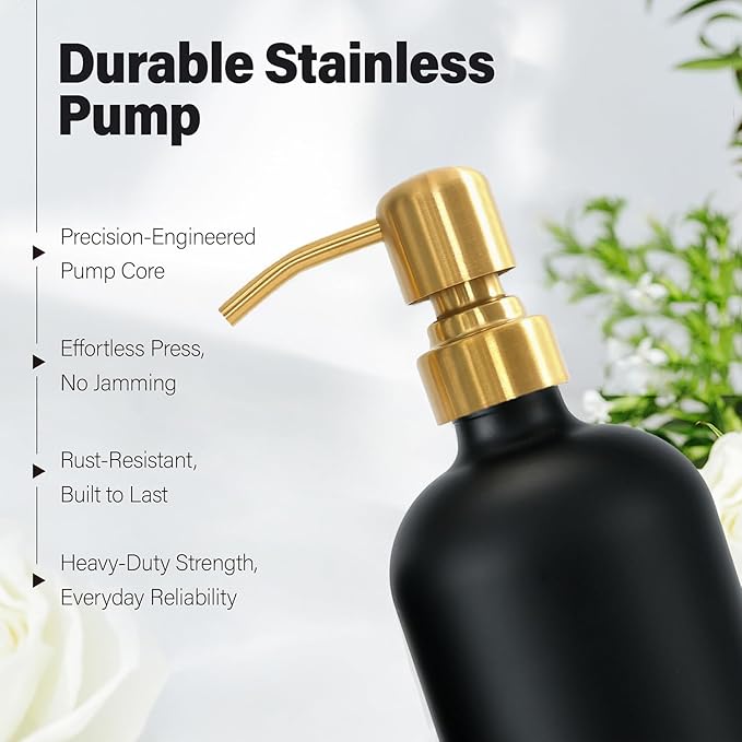 Prus Waso Soap Dispenser Bathroom Set, Hand and Lotion Dispenser with Stainless Steel Pump, Perfect for Black and Gold Bathroom Decor. (Gold & Black)