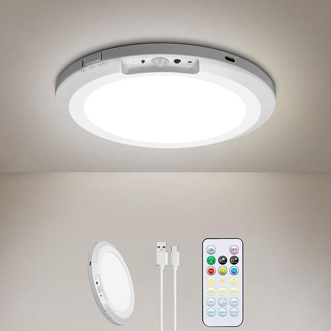 Rechargeable Motion Sensor Ceiling Light Indoor Outdoor w/Remote, 7.08 Inch Battery Operated Flush Mount Ceiling Light 3000K 4000K 6000K 400LM Dimmable for Closet Hallway Laundry Stairs (1)