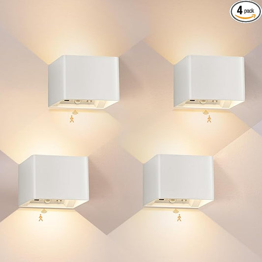 Yochoice Rechargeable Motion Sensor Wall Sconces Dimmable, 6000mAh Wireless Battery Operated Wall Sconce with Touch & Remote Control, 4-Pack White Battery Powered Magnetic Wall Lamps for Hallway Stair