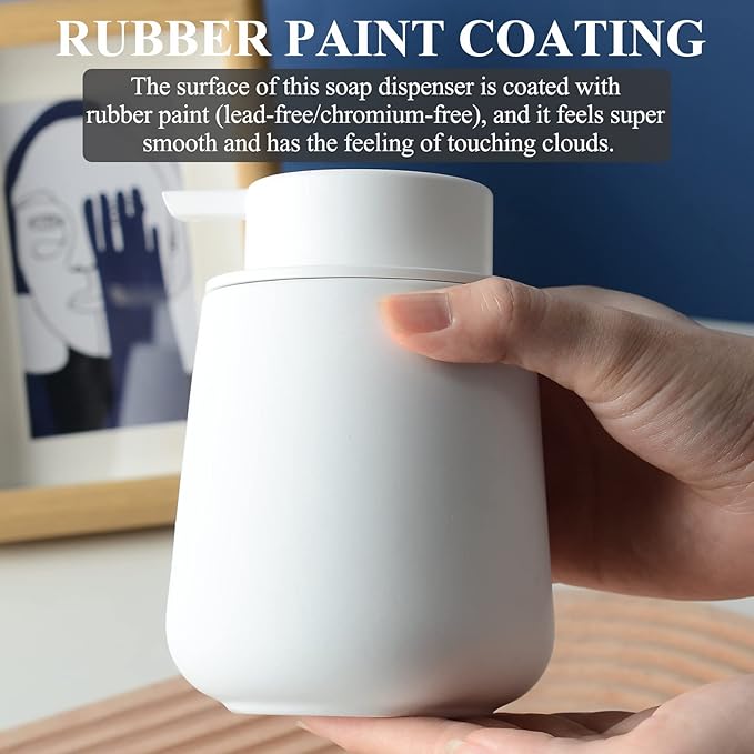 BosilunLife White Soap Dispenser - Ceramic Hand Dish Soap Dispenser for Bathroom 12ounce Refillable Liquid Hand Wash Dispenser for Essential Oil, Lotion Soap (Rubber Paint)