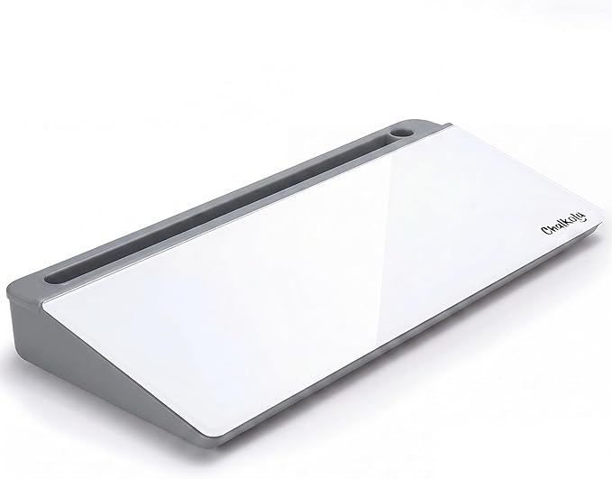 Chalkola Grey Glass Desktop Whiteboard with Storage - Dry Erase Board, Work Desk Organizers, Computer Keyboard Stand, Home Office Desk Accessories, Workspace Desktop Buddy