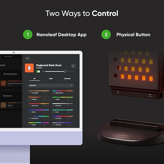 Nanoleaf Pegboard Desk Dock, 3-in-1 Desk Hub with Dual-Sided LED Lighting, USB-A & USB-C Charging, 950mm Pegboard Storage, 50 Lumens, 64 RGB LEDs, Works with Nanoleaf Desktop App, Black