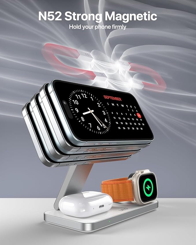 UEQ Foldable 3 in 1 Wireless Charging Station for Apple Compatible with Magsafe Charger Stand,Magnetic Wireless Charger Station for iPhone 17 Air 16 15 14 13 12 Series,Airpods Pro,Apple Watch (White)