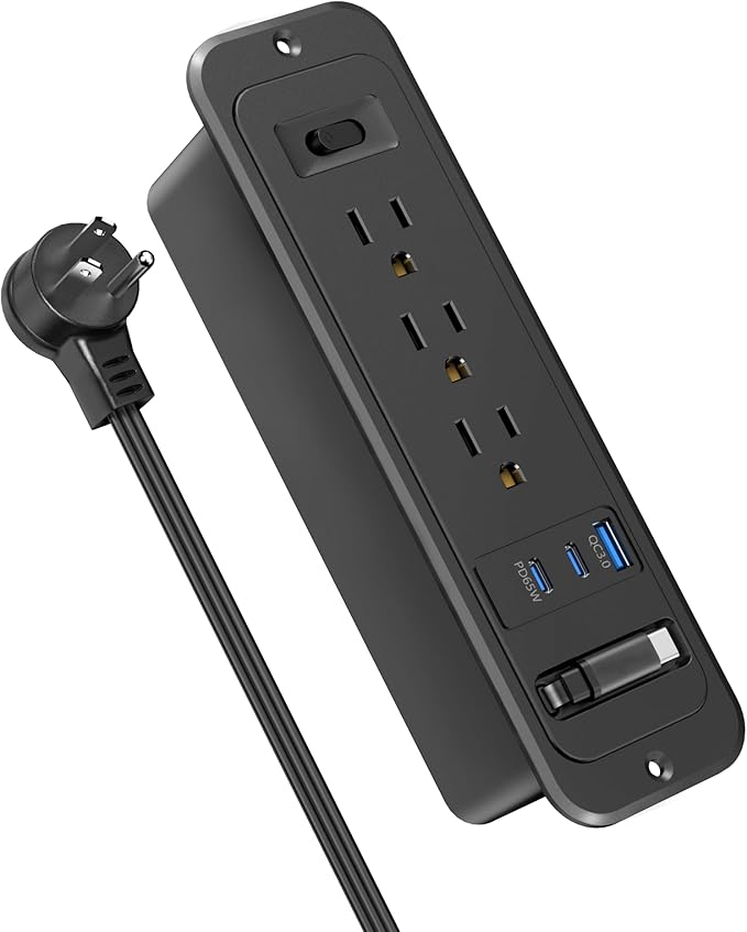 Recessed Power Strip with Retractable USB C Cable,2 PD 65W USB C Fast Charging,Flush Mount Countertop Drawer Outlet, Furniture Hidden Outlet for Side Table,End Table,3 Outlets (Black, 6FT-65W)