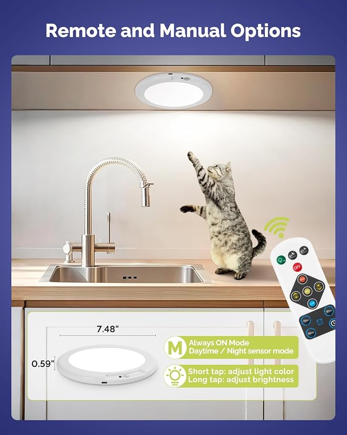 2PCs Battery Powered Ceiling Light with Remote, 7.48" Rechargeable Shower Light Waterproof, Wireless Motion Sensor Ceiling Lights Indoor 3000K/4500K/6500K Dimmable for Bathroom Closet