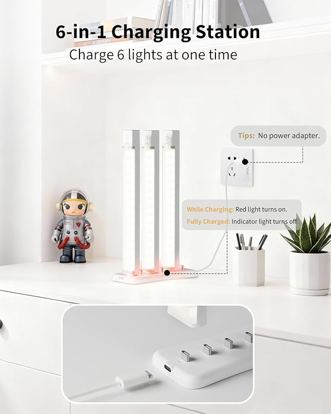 3-Pack Under Cabinet Lighting with charging station 8-Inch Rechargeable Motion Sensor Light Indoor 3 Color Dimmable Closet Light, USB Stick on LED Magnetic Under Counter Lights for Kitchen Stair