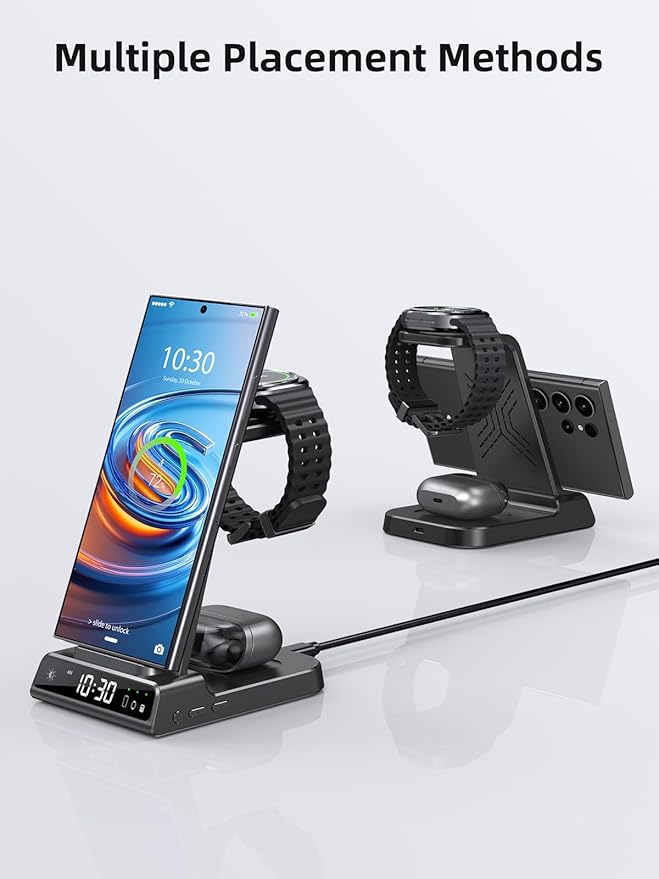 Wireless Charger for Samsung Charging Station: 3 in 1 Android Charging Stand with Dimmable Clock - Nightstand Organizer for Galaxy S25 Ultra, Galaxy Watch 8 7 6 5 4, Galaxy Buds (Not for iWatch)