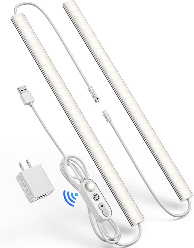 Motion Sensor Dimmable Under Cabinet Lighting, 4500K Daylight, Plug-in, Linkable LED Closet Light Bars, 12-inch 2 Pack