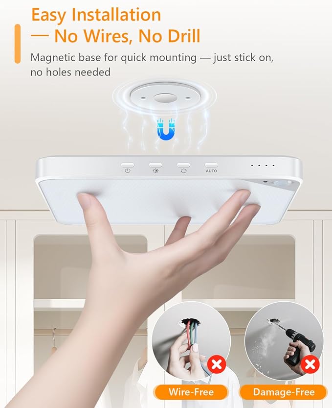 Rechargeable 6W Motion Sensor Ceiling Light Indoor, Wireless Magnetic Stick on Closet Light, Remote Control for Color & Brightness, Battery Operated Light for Shower, Bathroom, Pantry, Hallway, 2-Pack