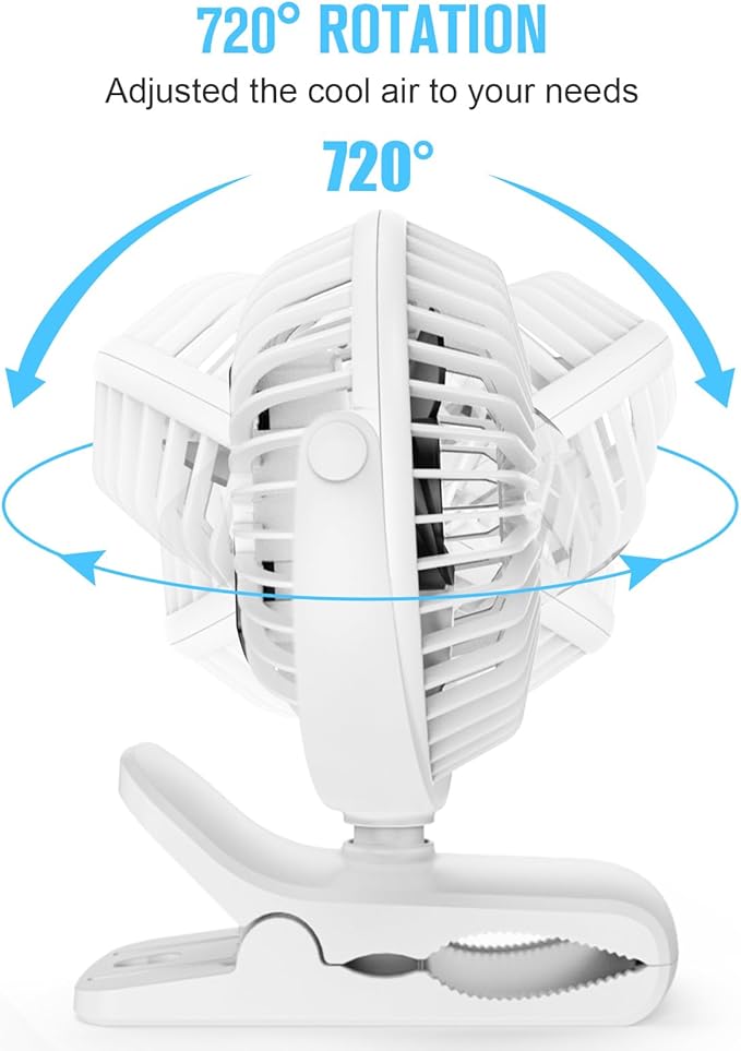 HONYIN 720° Rotation Small Desk & Clip on Fan with Sturdy Clamp, 3 Speeds, Quiet Little Personal Cooling Fan by USB Plug In, for Bedroom Office Desktop Treadmill