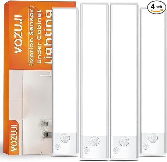 Under Cabinet Motion Sensor Lighting: 8 Inch Dimmable Rechargeable Lights Indoor - Battery Operated Lights - Undercabinet Closet Light Magnetic Led Light for Kitchen Home Bathroom Counter 4 Pack