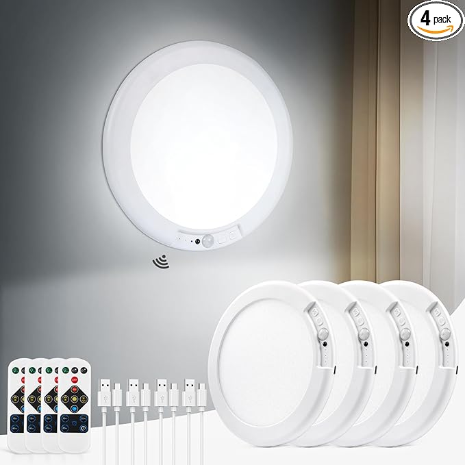 4PCS Updated Faster Charging Rechargeable Ceiling Light with Remote, 7.48" Rechargeable Shower Light Waterproof, Wireless Motion Sensor Ceiling Lights 3000K/4500K/6500K Dimmable for Closet