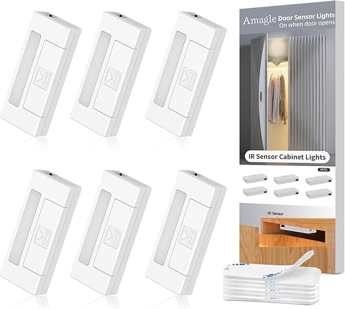 6 Pack Door Open Sensor Cabinet Lights, Cordless LED Cabinet Closet Light, Battery Operated Cupboard Drawer Light Door Activated Stick on Puck Lights for Inside Kitchen Cabinets, Closets