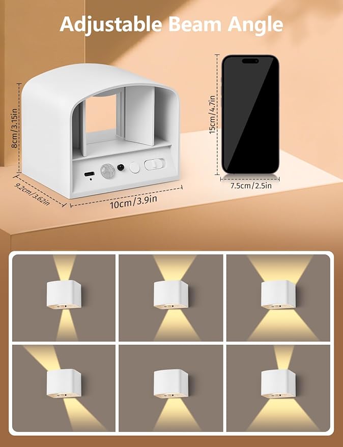 Battery Operated Wall Lamps with Motion Sensor, 6000mAh LED Rechargeable Wireless Sconce with Remote Control, Stepless Dimming, 2700-6500K, Adjustable Beam Angle, White Wall Lights for Hallway, 4-Pack