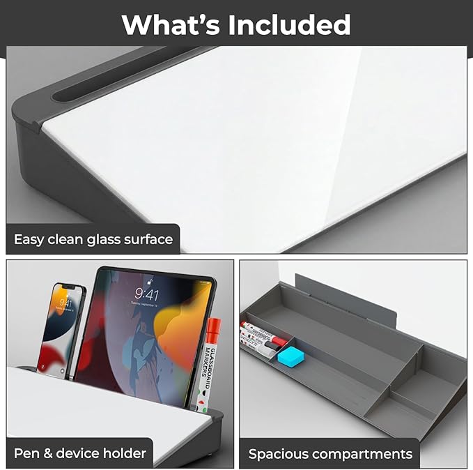 Chalkola Grey Glass Desktop Whiteboard with Storage - Dry Erase Board, Work Desk Organizers, Computer Keyboard Stand, Home Office Desk Accessories, Workspace Desktop Buddy