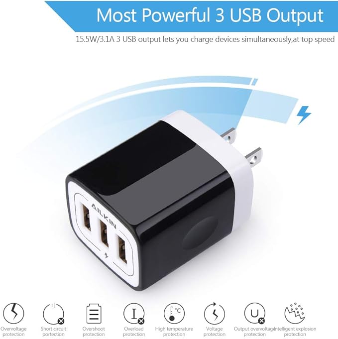 Wall Charger Plug, AILKIN USB Plug Wall, 3MultiPort Home Charger Station Cube Box Charger Outlet Base Brick Block Replacement for iPhone, iPad, and iWatch Charger Plug (Black)