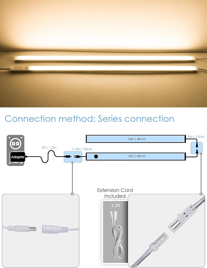 Under Cabinet Lighting Motion Sensor Indoor Plug in, 16" 12V LED Under Counter Lights Super Bright Magnetic for Kitchen/Hallway/Toilet/Garage/Closet(Warm White/3000K, 3 Pack)