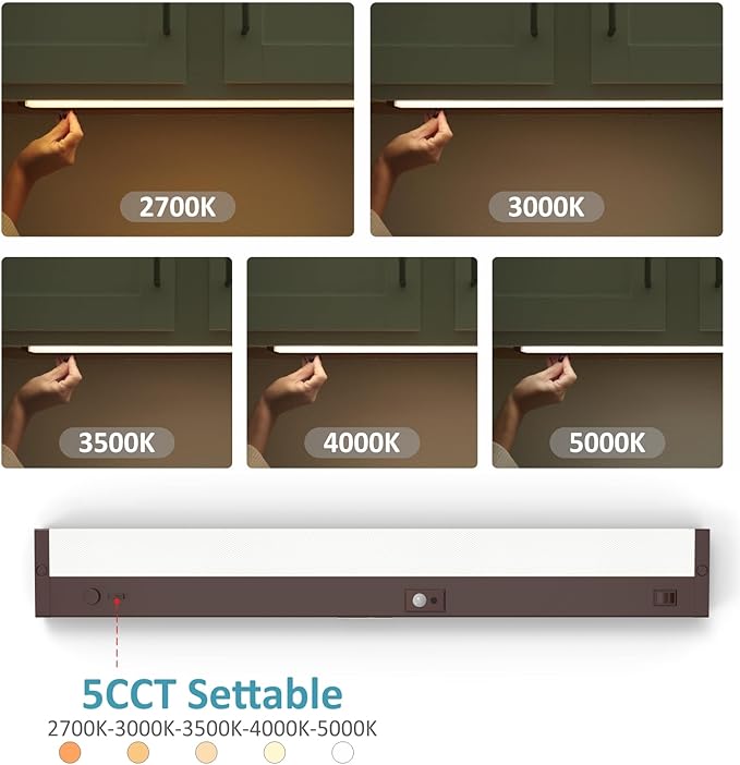 Leetdud LED Under Cabinet Lighting Motion Sensored Hardwired with Built-in Dimmer, 24 Inch 12W Dimmable 5 Color 2700/3000/3500/4000/5000K, Linkable Eyes Care for Kitchen, Counter, ETL Listed, Bronze