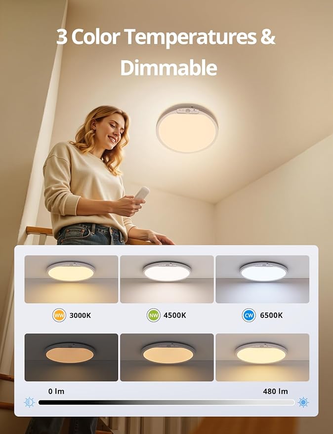 Combuh Rechargeable Battery Operated Ceiling Light for Shower Inside Wireless, 105 Day Battery Life Powered 11.8Inch Bright Waterproof Magnetic RGB Overhead Lighting without Wiring for Closet Bathroom
