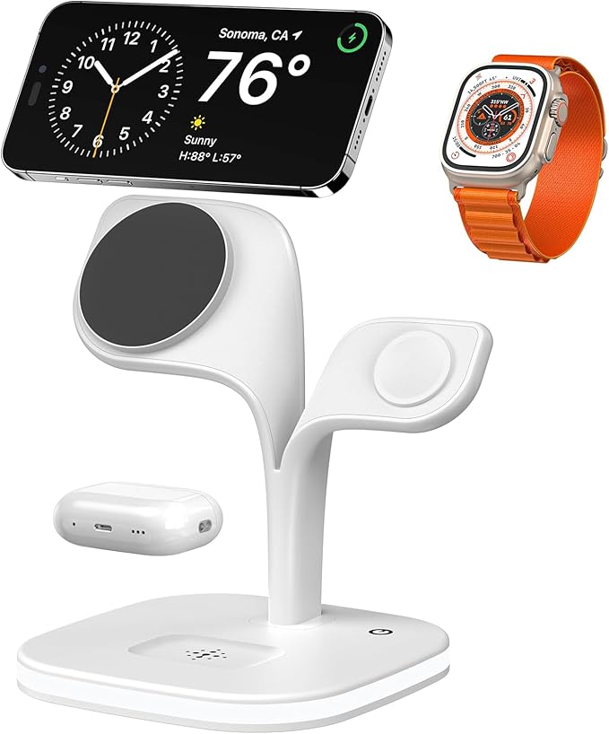 EXW for Magsafe Charger Stand,Charging Station for Multiple Devices,Wireless Charger for iPhone 17 Air 16 15 14 13 12 Series,Apple Watch Series 1-10/Ultra,AirPods Pro with LED and Adapter (White)