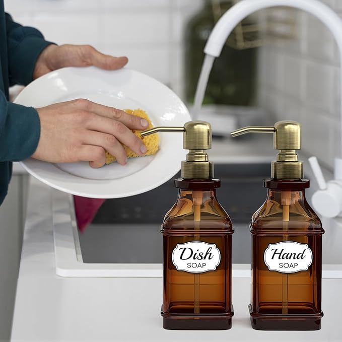 LMQML Soap Dispenser - 2 Pack, Antique Design Thick Amber Glass Hand Soap Dispensers with Sturdy Tray; 304 Rust Proof Stainless Steel Black Pump, 12Pcs Stickers, for Kitchen, Bathroom - Brushed Gold