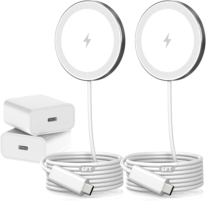 6FT Magnetic Wireless Charger Charging Pad - 15W Qi Fast Phone Charger Puck for Apple iPhone 17 16 15 14 13 12 Series & AirPods 4 3 2 Pro, Phone Charging Pad with Plug for Desk & Travel, 2Pack White