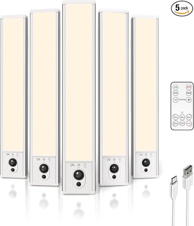 EZVALO 5-Pack Under Cabinet Lighting, 2400mAh Motion Sensor Light, LED Closet Lights Wireless, 3000K Dimmable, Timer, Magnetic, with Remote Control for Kitchen, Closet, Stair