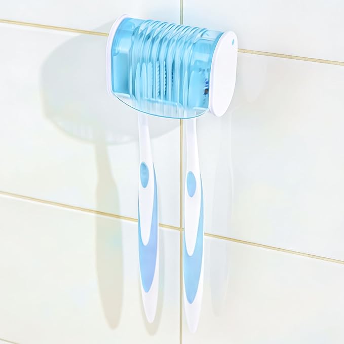 1 Pack Toothbrush Holder Wall Mounted with Cover for Bathroom, 2 Slots Toothbrush Storage Organizer for Shower, Self Adhesive Toothbrush Hanger (Blue)